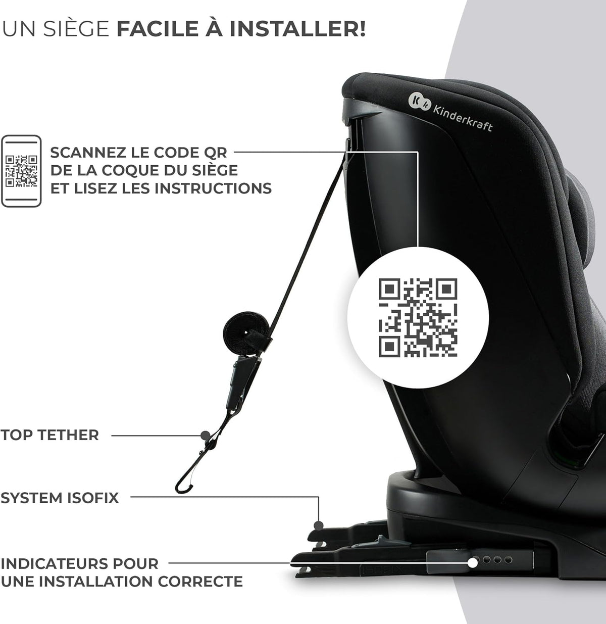Kinderkraft XPEDITION I-Size 40-150 cm, Siège auto bébé 0 à 36 kg évolutif, Groupe 0/1/2/3, Isofix 360° pivotant, Têtière et largeur d'assise ajustable d'une seule main, Protections latérales, Noir