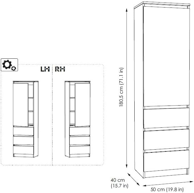 KUBUTKU Armoire multi-usages avec 3 tiroirs, 3 compartiments et portes, 180,5 x 50 x 40 cm, sonoma