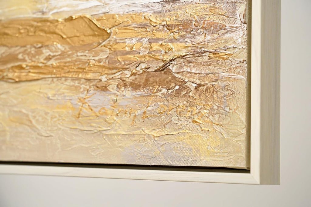 YS Tableau decoration murale salon peinte à la main Éblouissement solaire Peinture moderne paysage marin avec voiliers tons beiges avec or avec cadre 140x70 cm
