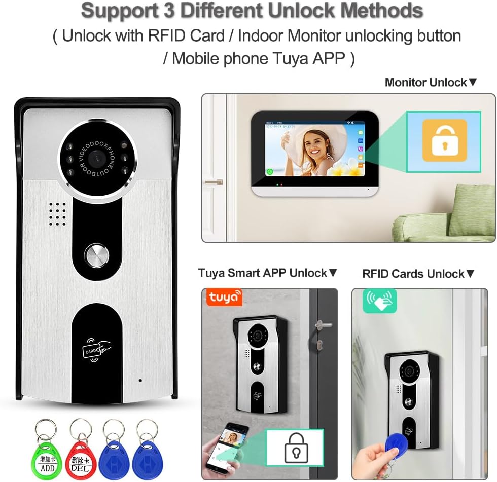 Wifi Tuya Accueil Vidéo Sonnette Interphone Système 7 Pouces Couleur écran Tactile Affichage Intérieur + 1080P HD RFID Caméra Extérieure IR Vision Nocturne