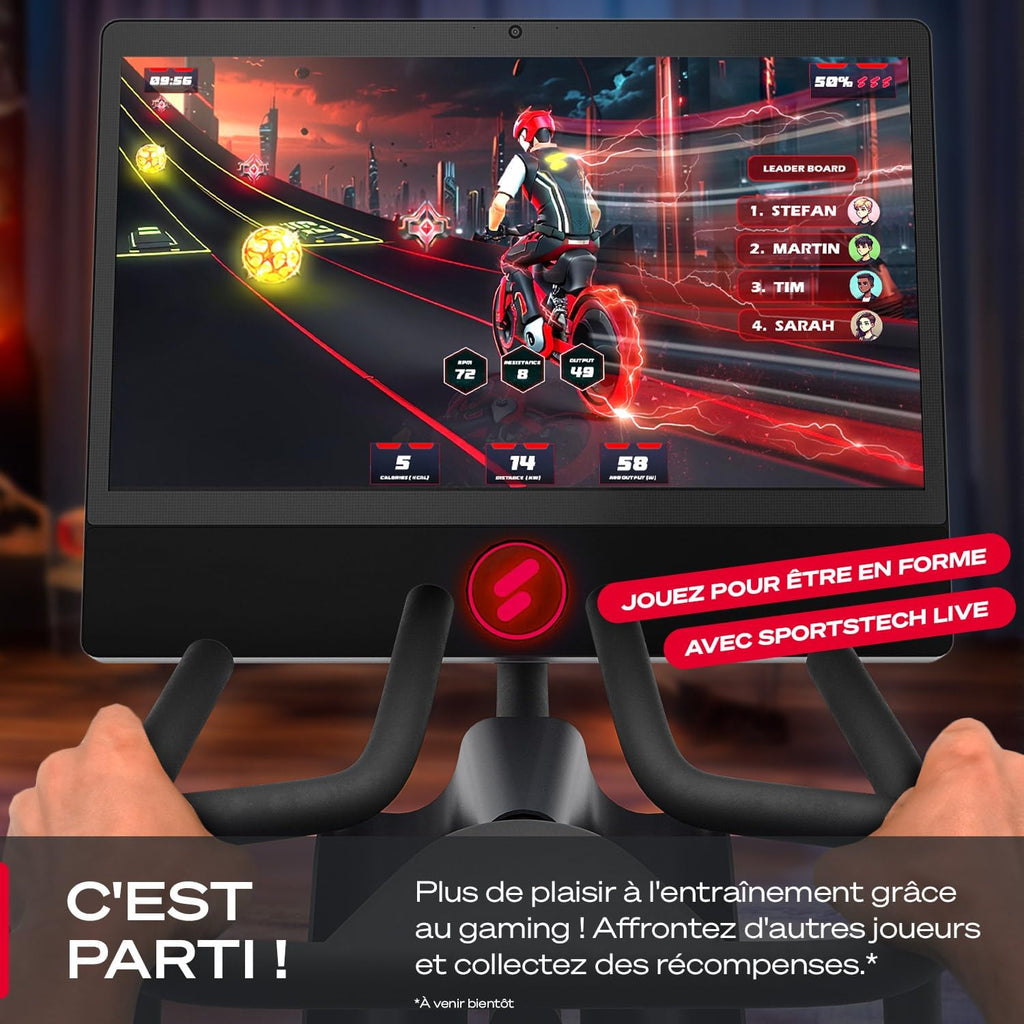 Vélo d'intérieur Smart sBike, écran tactile de 21,5" + LED| avec cours en direct et à la demande + expérience d'entraînement du corps entier | Vélo d'exercice Speedbike Sportstech Fitness Bike