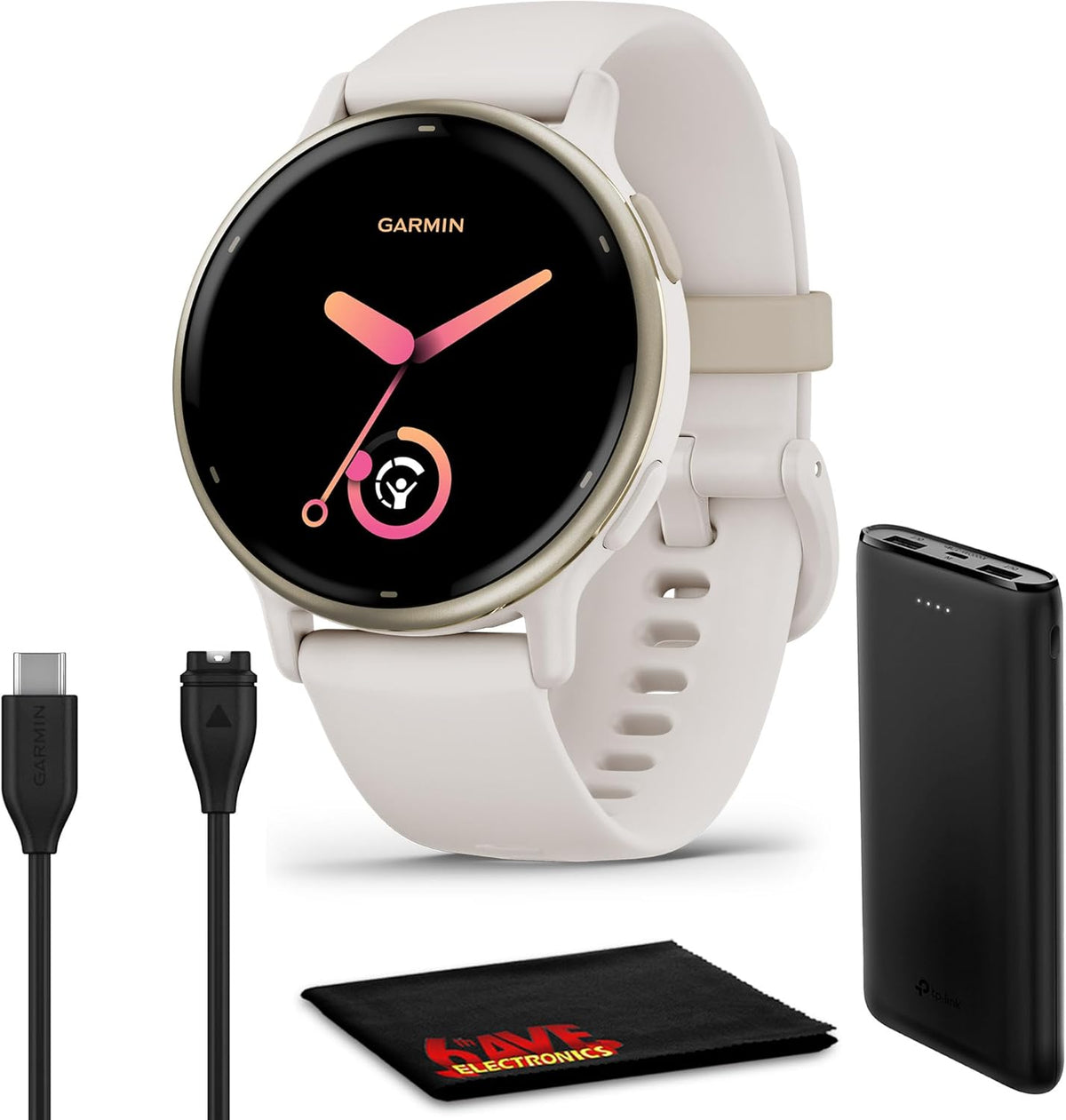 Vivoactive 5 montre intelligente GPS santé et fitness pour homme et femme lunette aluminium doré crème bracelet silicone ivoire écran AMOLED 3 cm autonomie