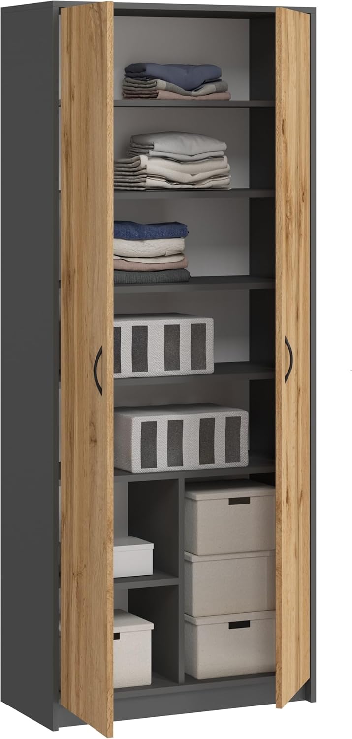 Armoire Wotan multi-usages 2 portes 8 compartiments - Bibliothèque - Bureau - Ménage - 180 x 74 x 35 cm (graphite/chêne)