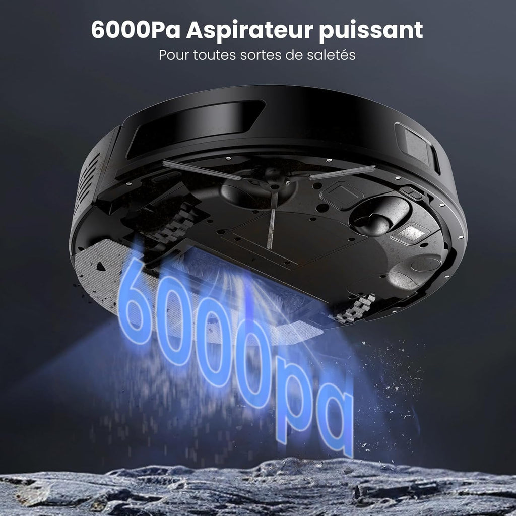 Proscenic Q8 Aspirateur Robot,6000Pa 200Mins Robot Aspirateur Laveur avec Serpillière,Navigation Lidar,Multi-étage Cartographie pour Poils Animaux Tapis Sols Durs,Connecté App Alexa Siri IFTTT