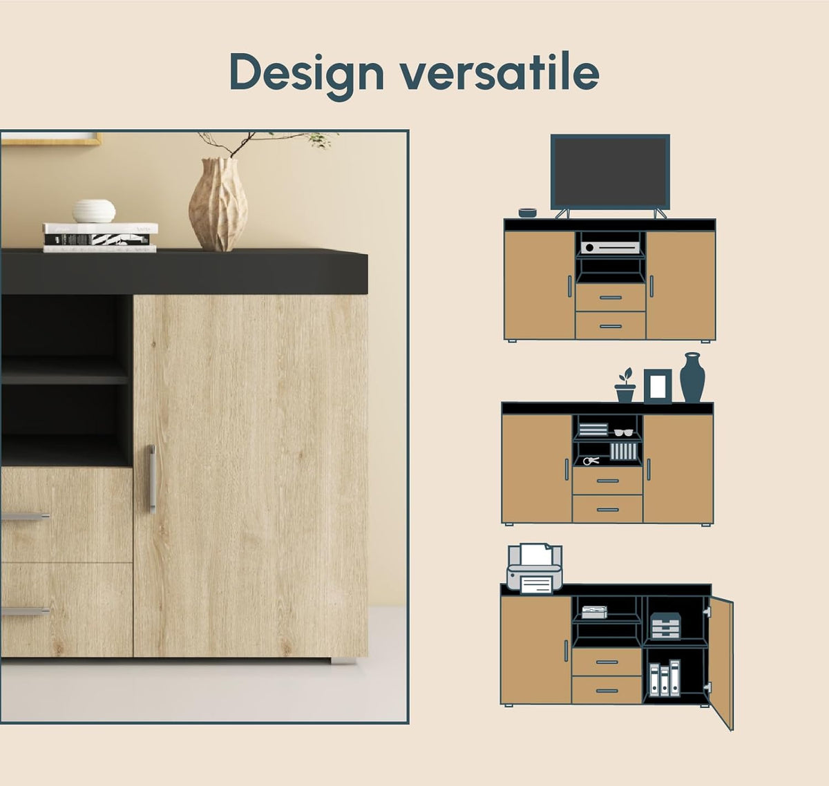 MB Muebles Bonitos, Buffet Roque pour Salon et Salle à Manger Moderne, Meuble TV en Mélamine, Couleur Sonoma Mat et Noir Brillant, 140x80x40 cm
