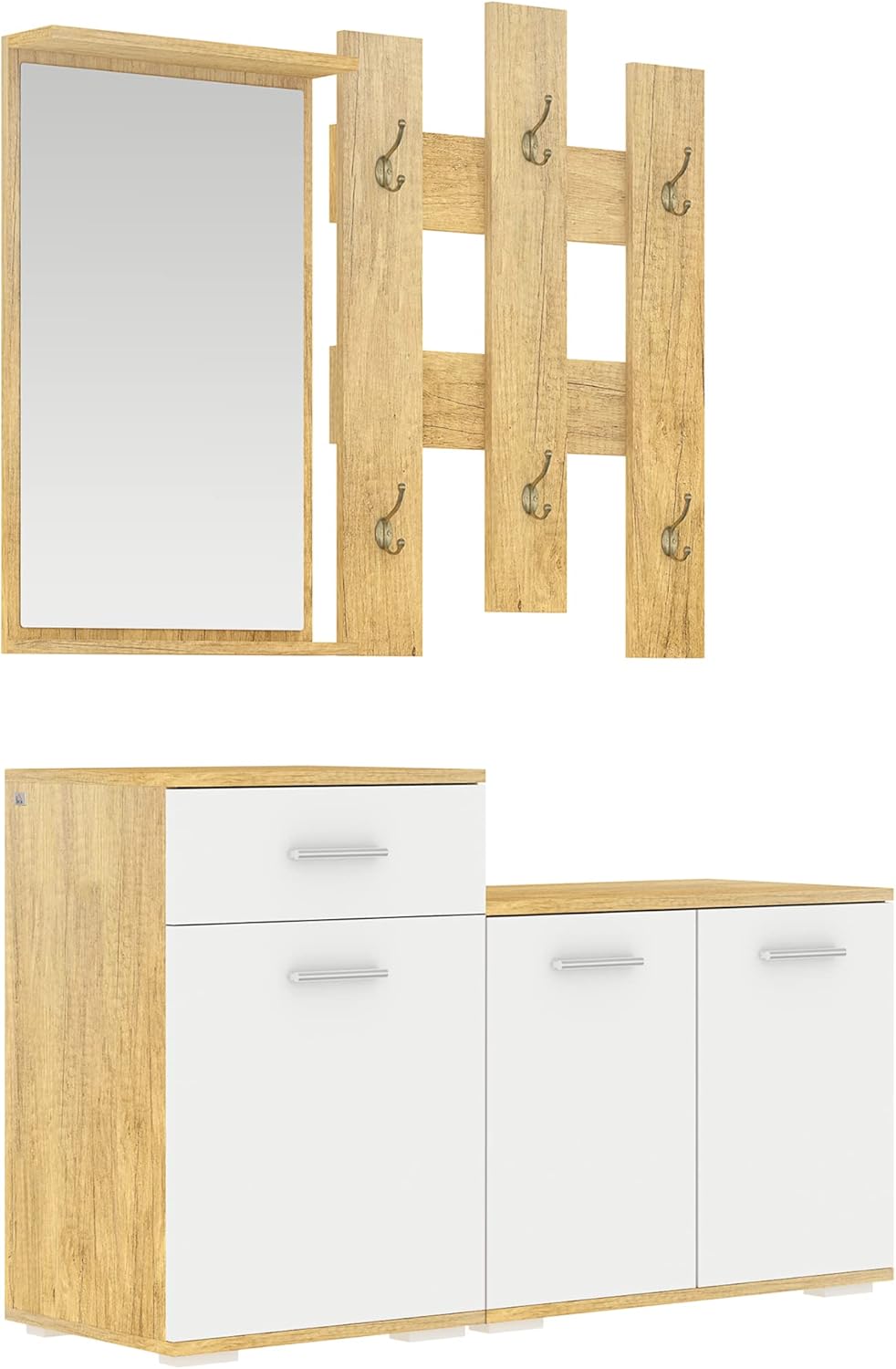 HOMCOM Ensemble d'entrée 3 en 1 avec Cintre, Miroir et Meuble à Chaussures avec Banc en Bois, en Bois et Blanc