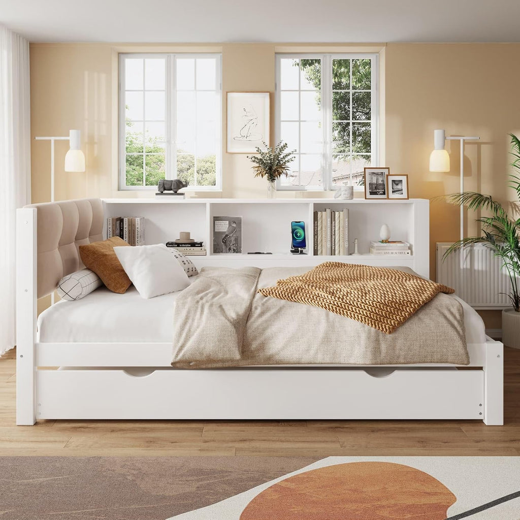 EURHCIO Canapé Lit 90x200,Cadre de Lit Une Place Rembourré avec Lit Gigogne 90x190,Port USB-C,Éclairage LED Réglable,Rangement,pour Adolescents Adultes 90x200