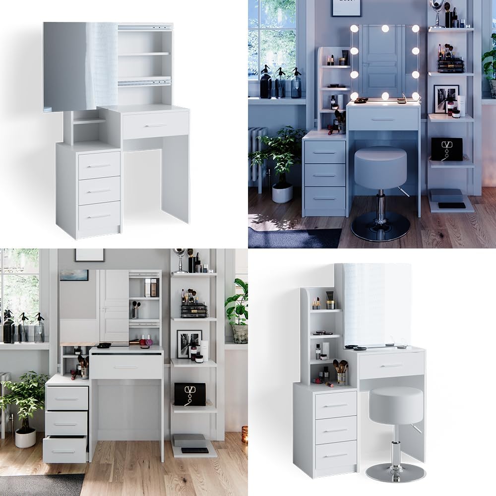 Vicco Coiffeuse Conrada, Blanc, 80cm avec éclairage LED et Tabouret