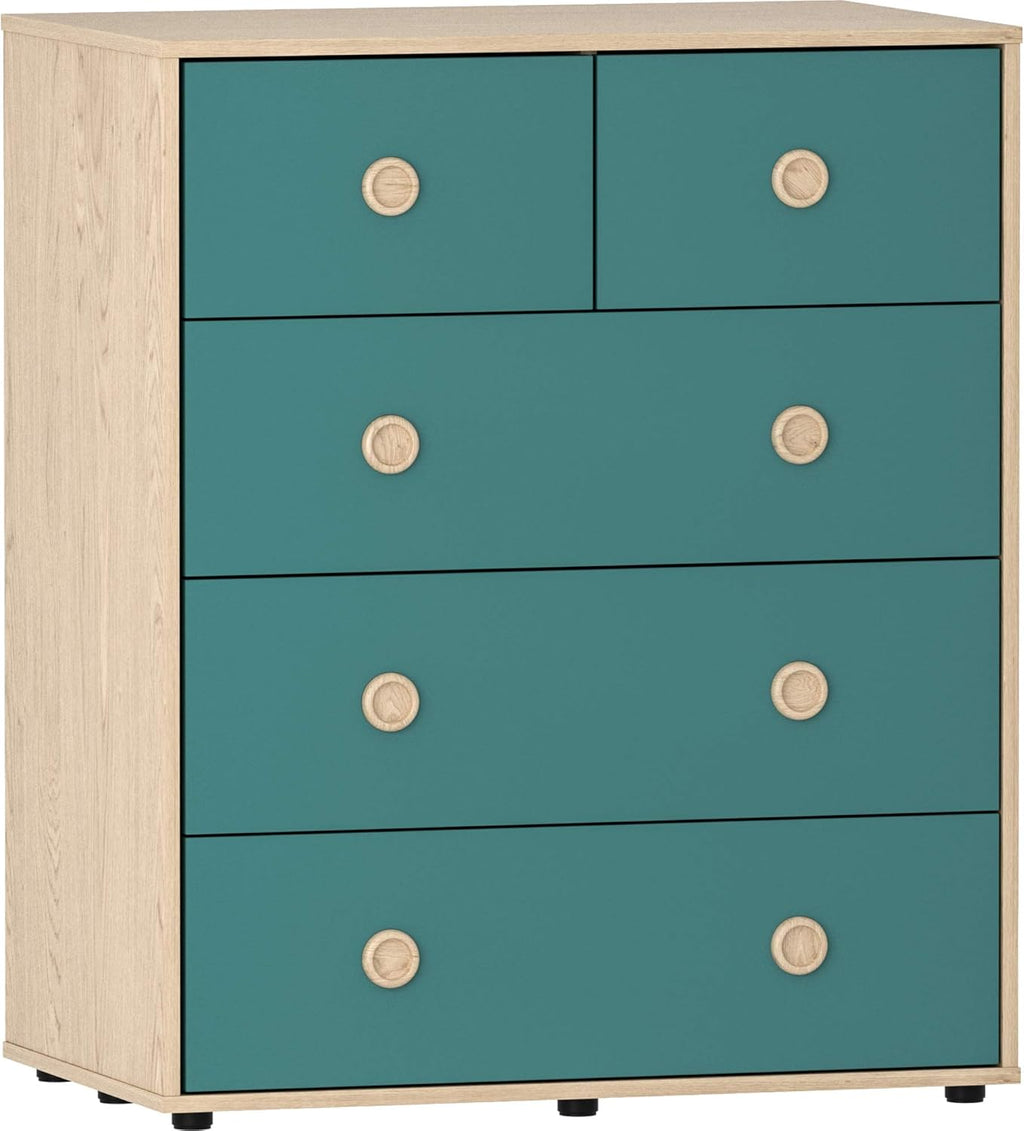 Junior Vida Neptune Ensemble de meubles de chambre à coucher 3 pièces avec table de chevet à 2 tiroirs, commode à 5 tiroirs, armoire à 1 porte (bleu et chêne)