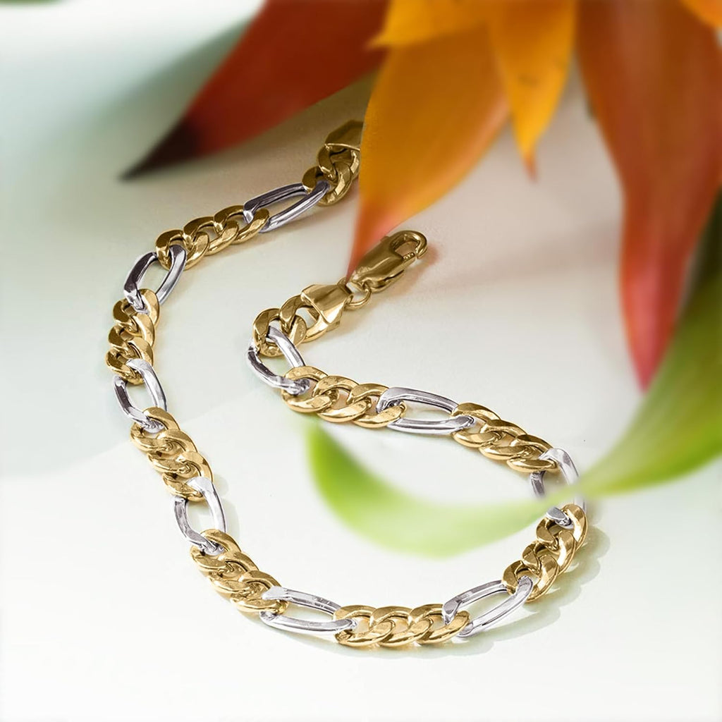 EDELIND Bracelet Chaîne Figaro 5,7 mm en Or Blanc et Jaune Bicolore 585 333 750 - Bijoux pour Homme avec Fermoir Mousqueton