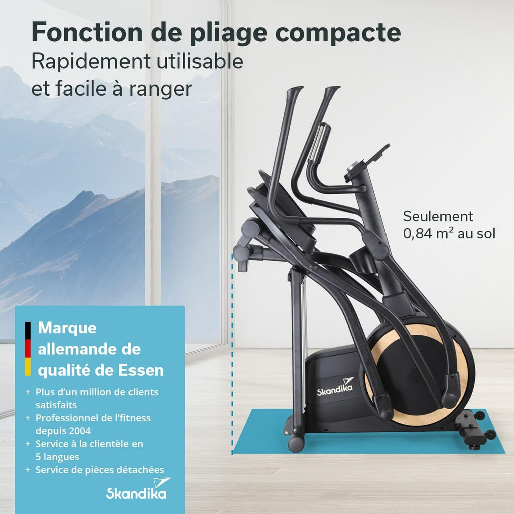 Skandika Vélo elliptique Carbon P25, Vélo elliptique Pliable, 32 Niveaux de Résistance, Auto-alimenté, Frein Magnétique, Écran LCD, Bluetooth, Kinomap, Double Rail, Masse d'inertie 25KG, Max 150KG