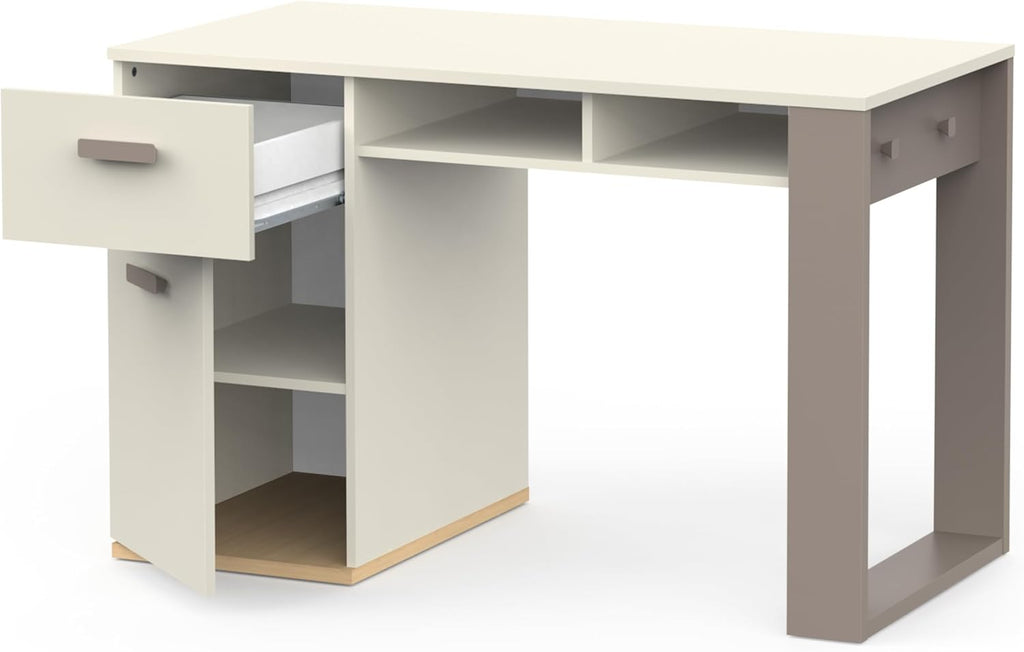 Demeyere Bureau Blanc et Gris avec Tiroir Silencieux, Deux Niches et 2 Crochets Latéraux – Bureau Enfant ou Adulte Fonctionnel 120x77x60 cm