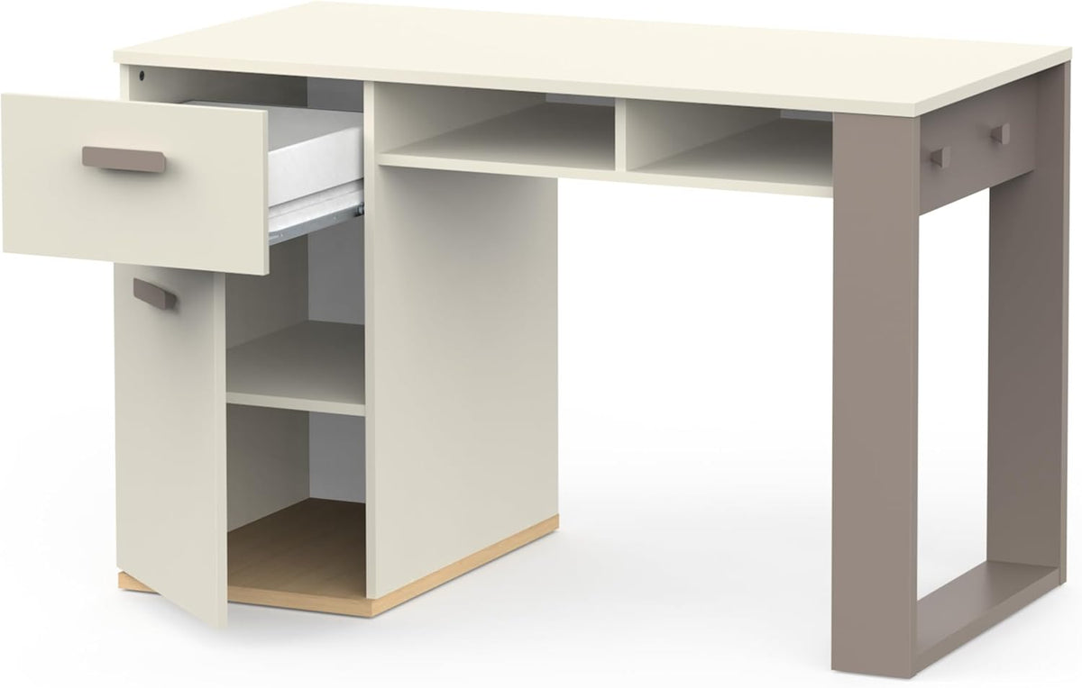 Demeyere Bureau Blanc et Gris avec Tiroir Silencieux, Deux Niches et 2 Crochets Latéraux – Bureau Enfant ou Adulte Fonctionnel 120x77x60 cm