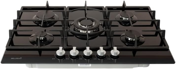 Plaque gaz 5 feux en verre noir - Brûleurs et grilles en fonte - 10 800 Watts encastrement 56x49 cm