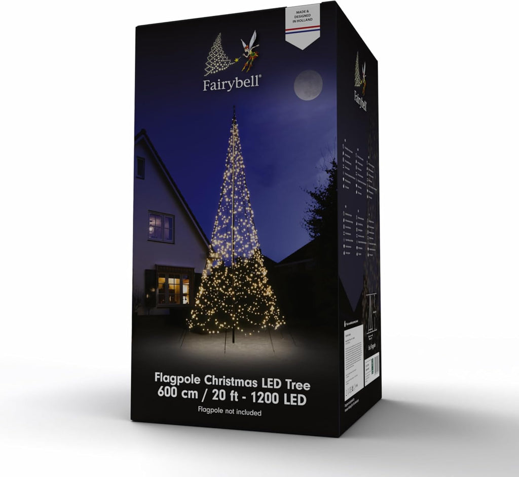 Fairybell Sapin de Noël à LED pour l'extérieur - 6 mètres - 1200 LEDs - Sapin de Noël dans Un mât de Drapeau - Blanc Chaud - mât Non Compris