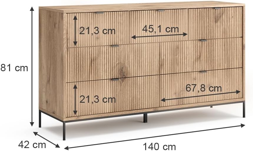 Vicco Commode avec tiroirs Eliza, Chêne Viking, 140 x 81 cm avec 7 tiroirs