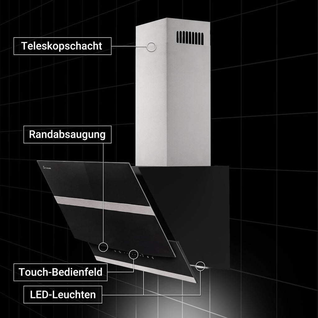 Hotte aspirante cuisine 80 cm Hotte Murale Inclinées acier inoxydable verre noir arrête automatiquement Opération tactile HERMES8005S