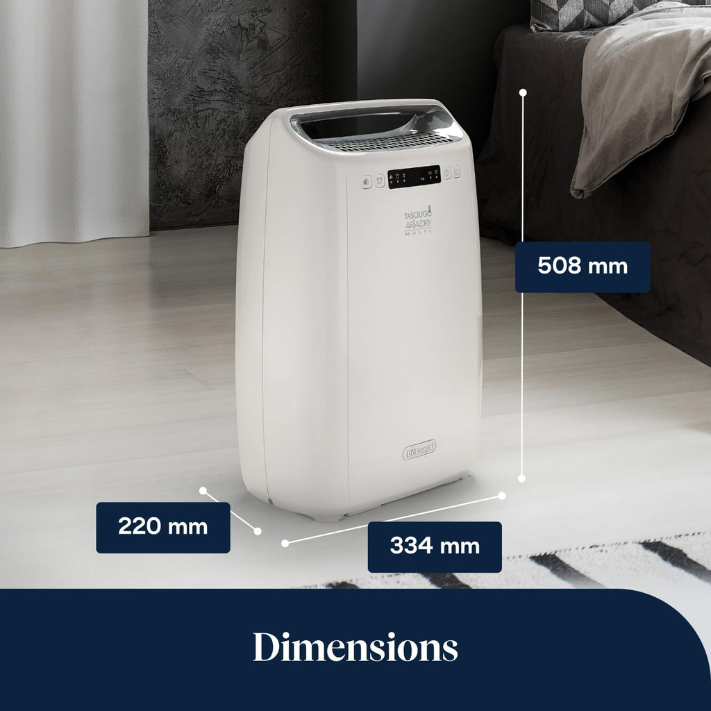 De’Longhi Tasciugo AriaDry Multi - Déshumidificateur Portable pour la Maison, Filtration à 3 Actions, Élimination de l'Humidité 16L/24h, Séchage, Anti-Moisissure, Silencieux, Blanc (DEXD216RF)