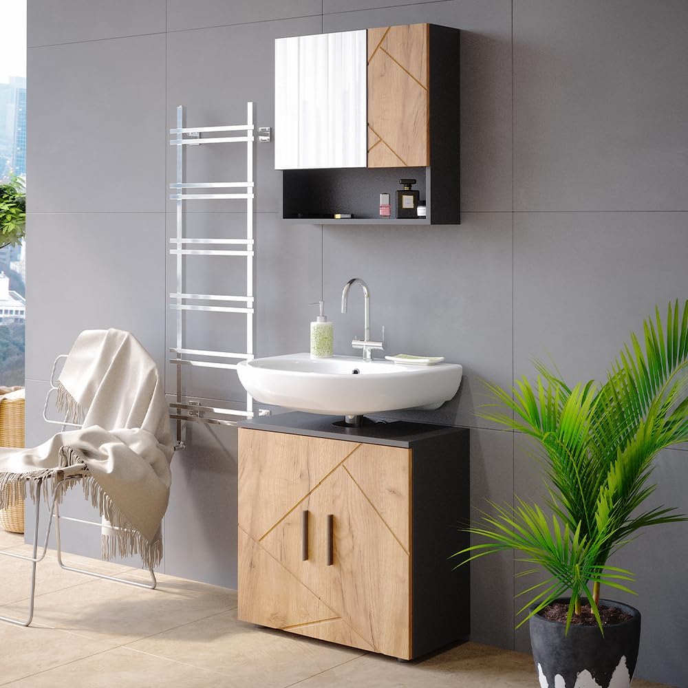 Vicco Ensemble de Meubles de Salle de Bain Irma, Anthracite/Chêne, 2 pièces, Armoire Basse 60 cm