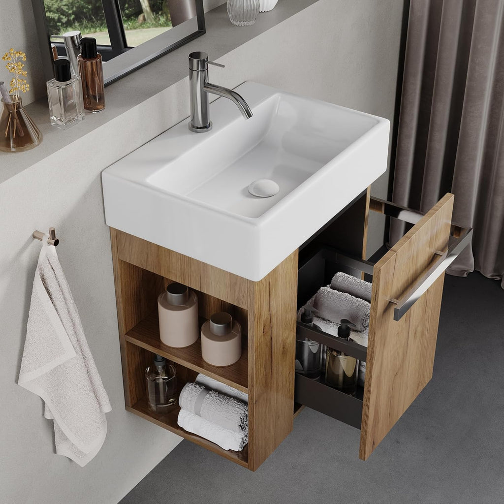 BRIDGE BENO Meuble De Salle De Bain De 50 cm avec Lavabo en Céramique, Tiroir À Fermeture Douce, Poignée Porte-Serviettes, Option Gauche/Droite, European Oak
