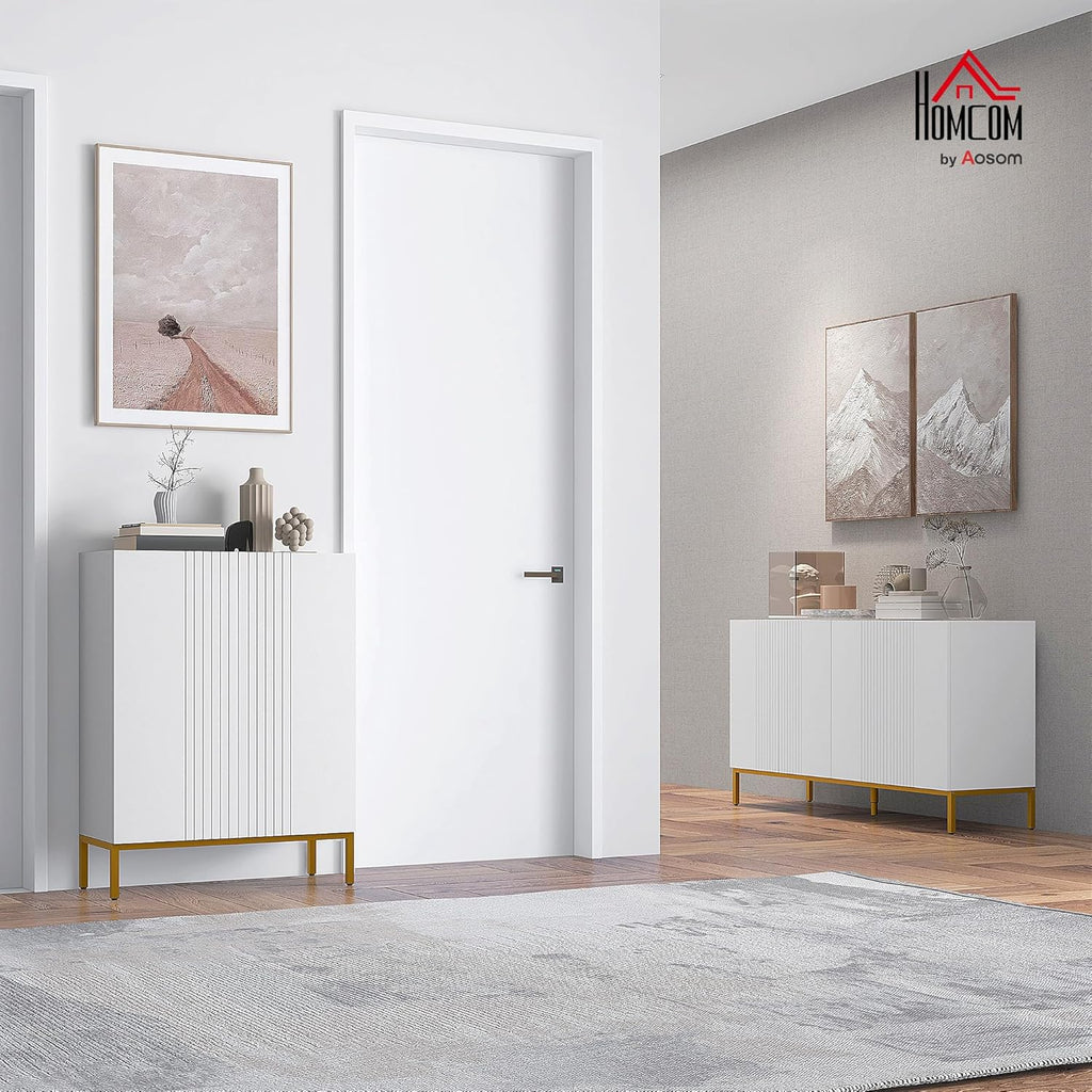 HOMCOM Buffet menuble de Rangement Design Contemporain Graphique 2 placards Porte étagères réglables en Bois Blanc métal doré