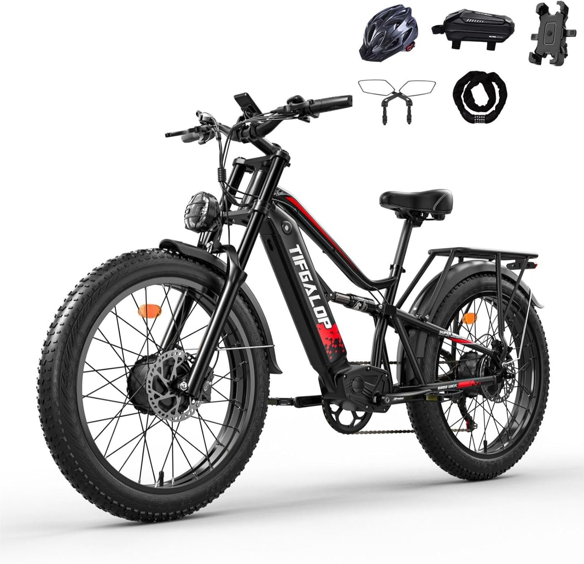 tifgalop Vélo électrique Adulte, vélo électrique Tout-Terrain de 26 Pouces, Double amortisseurs, 7 Vitesses, Batterie au Lithium 52V 19Ah/21Ah, autonomie de croisière jusqu'à 40-90Km