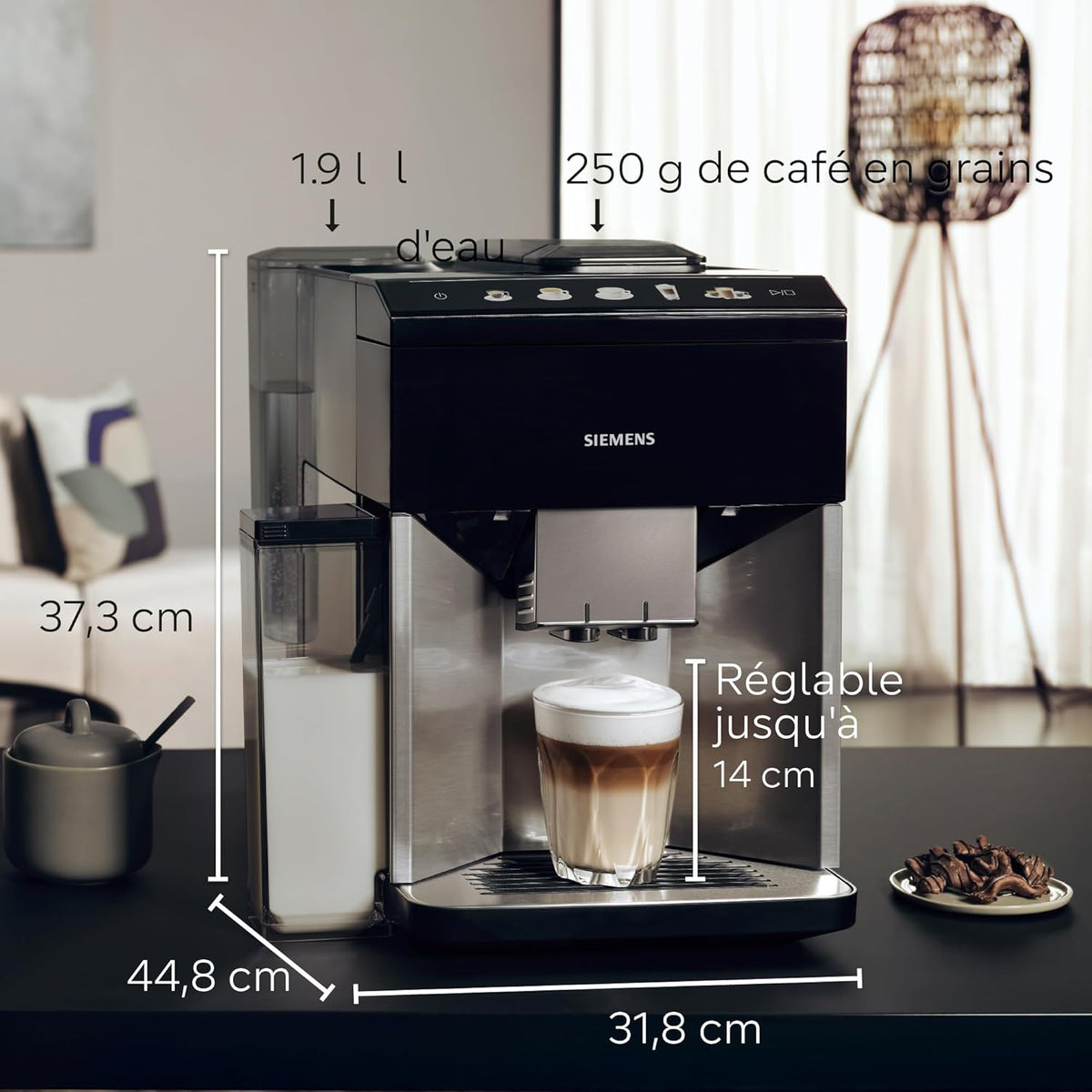 SIEMENS, machine à café tout automatique, EQ500, aromaDouble Shot, autoMilk Clean, ceramDrive, bandeau coffeeSelect, fonction double tasse, Noir/Argenté, TQ513R01