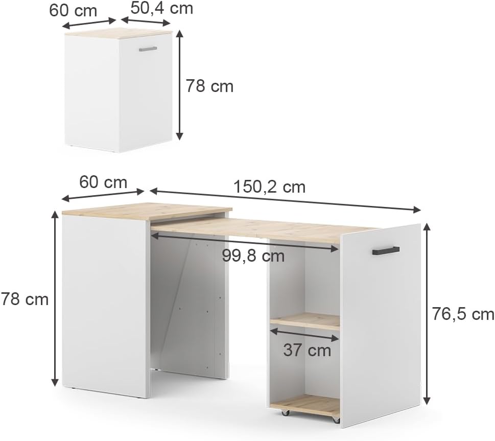 Vicco Bureau Adam, Greige/Chêne Artisan, 60 x 50.4 cm Extensible
