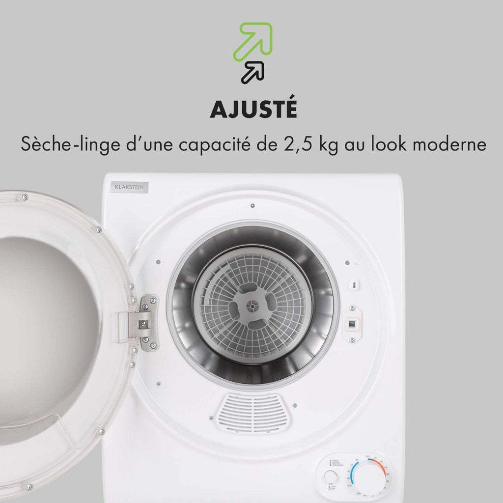 KLARSTEIN Jet Set 2500 - sèche-linge, par extraction, chargeur frontal, 850 W, pose libre/encastré, 2,5 kg, élément chauffant PTC, réglable jusqu'à 60 °C, minuterie 20 à 200 mn, compact, blanc