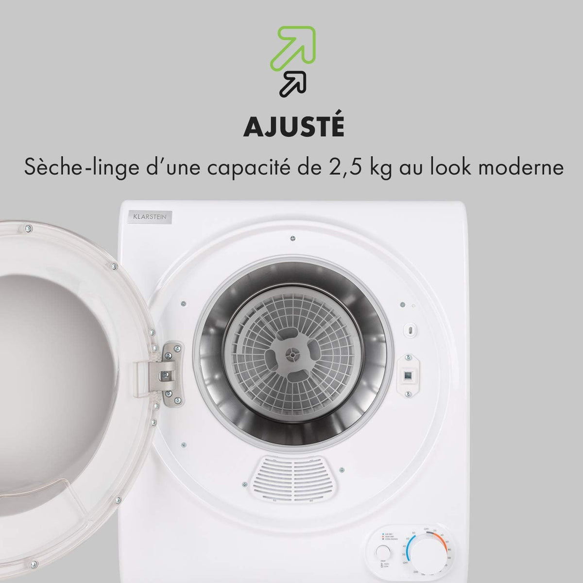 KLARSTEIN Jet Set 2500 - sèche-linge, par extraction, chargeur frontal, 850 W, pose libre/encastré, 2,5 kg, élément chauffant PTC, réglable jusqu'à 60 °C, minuterie 20 à 200 mn, compact, blanc