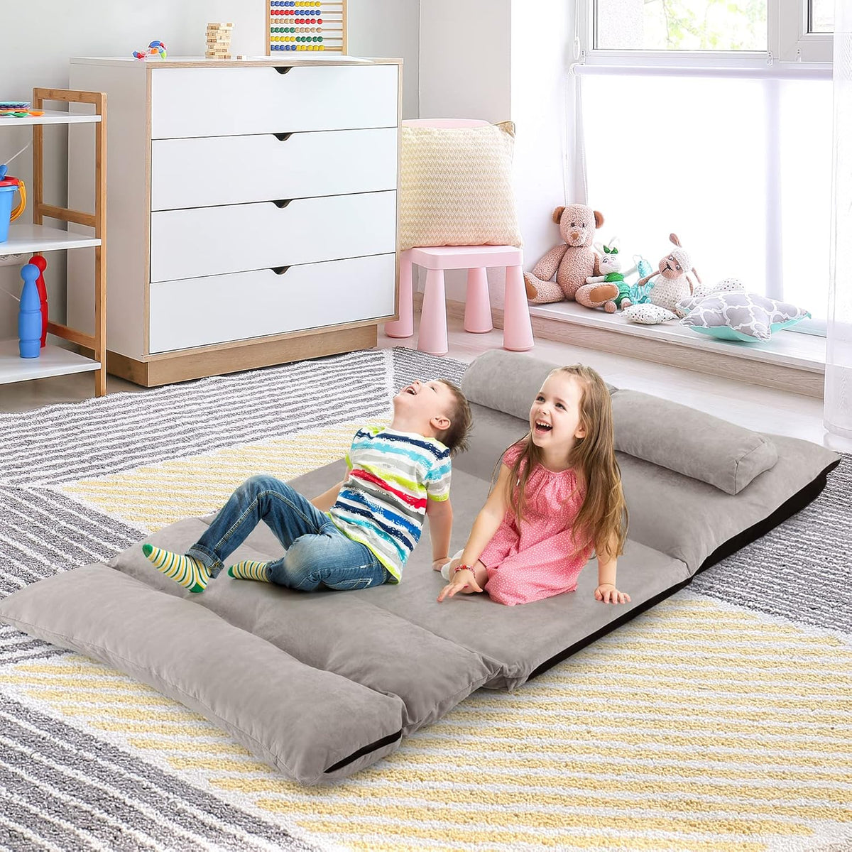 COSTWAY Canapé-lit Paresseux Pliable, Canapé Convertible avec Dossier Réglable à 42 Positions, Chauffeuse avec 2 Oreillers, Sofa pour Salon, Chambre, Balcon, Gris