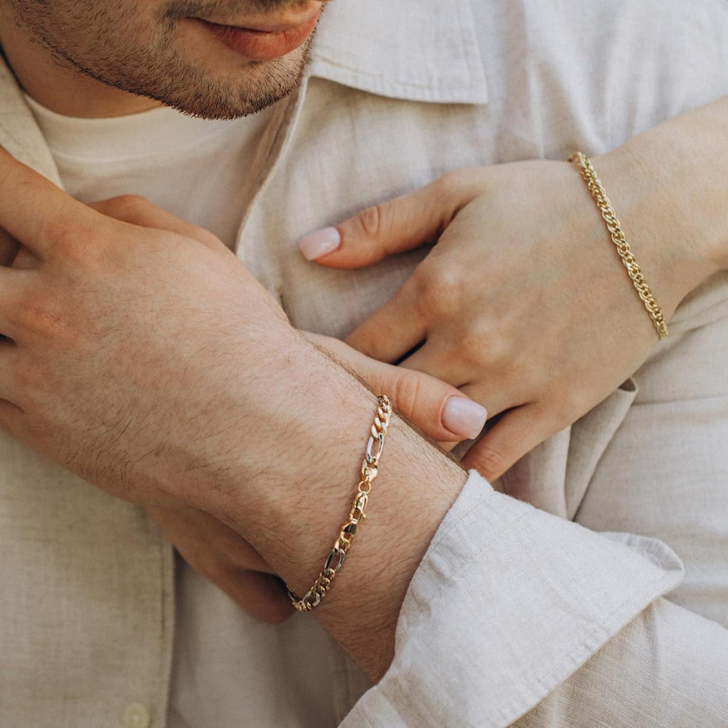 EDELIND Bracelet Chaîne Figaro 5,7 mm en Or Blanc et Jaune Bicolore 585 333 750 - Bijoux pour Homme avec Fermoir Mousqueton