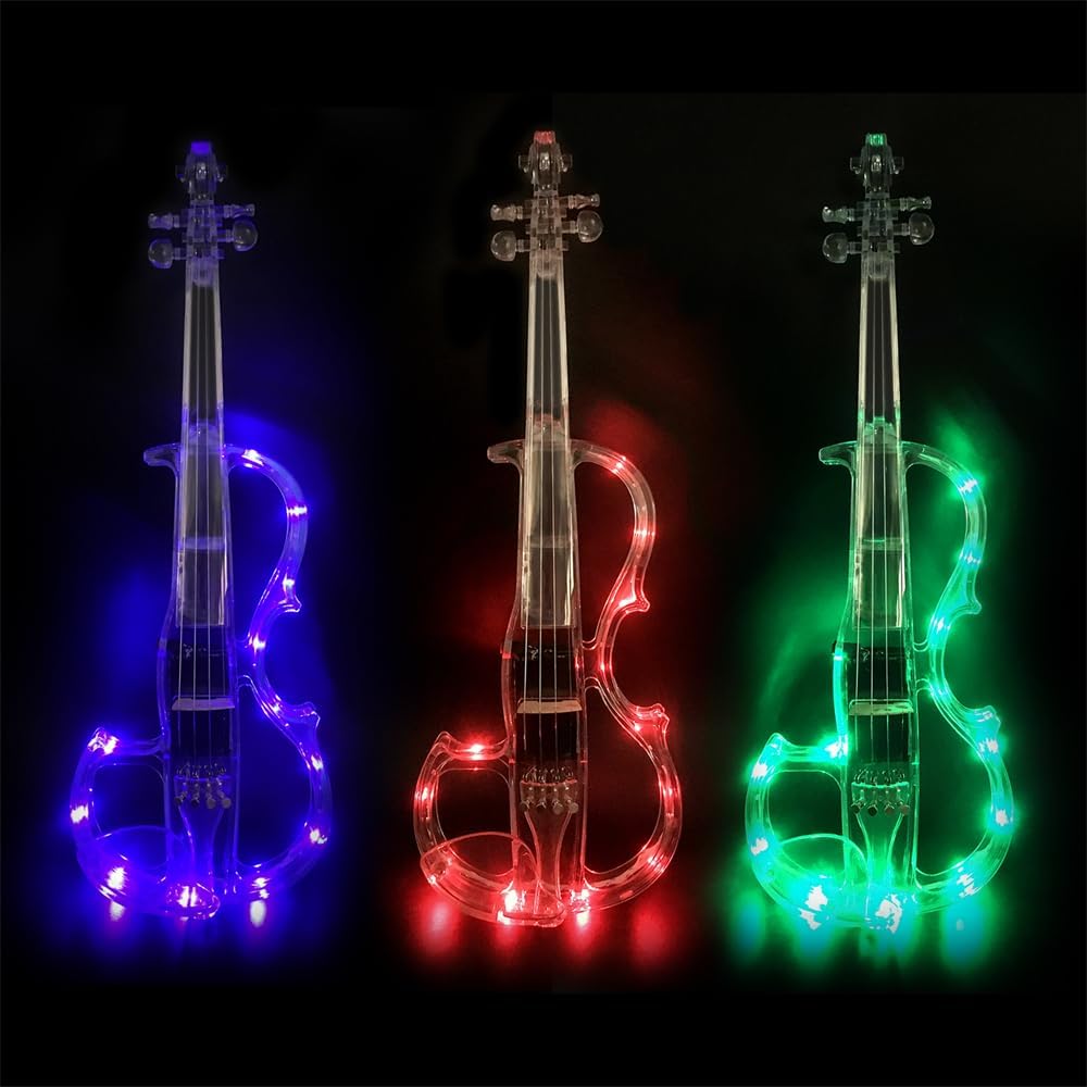 WUQIMUSC Violon électrique taille 4/4, corps en verre acrylique transparent, 3 couleurs, lumière LED, joli ton avec étui, ruban, elv-led