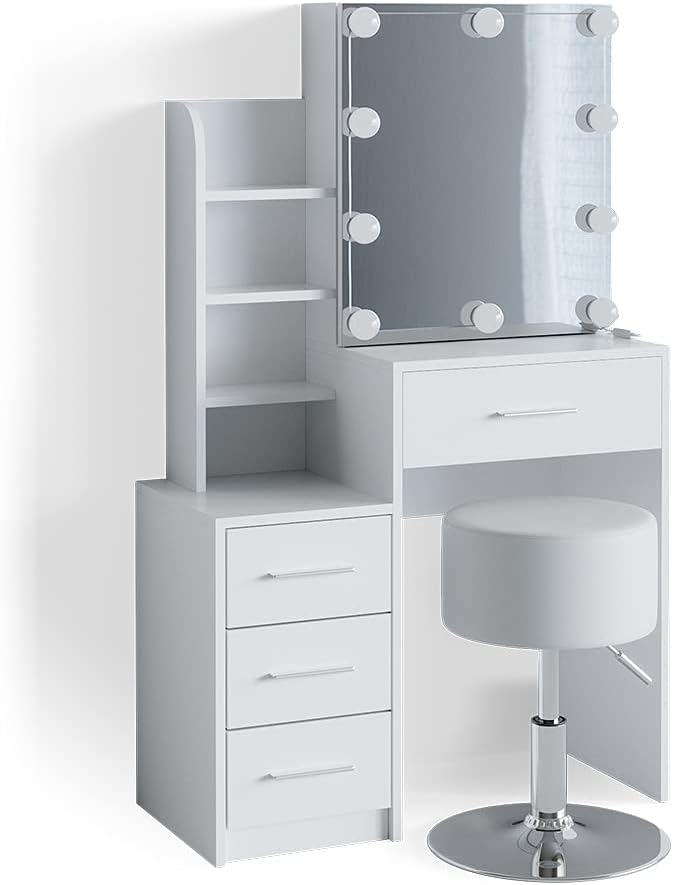 Vicco Coiffeuse Conrada, Blanc, 80cm avec éclairage LED et Tabouret