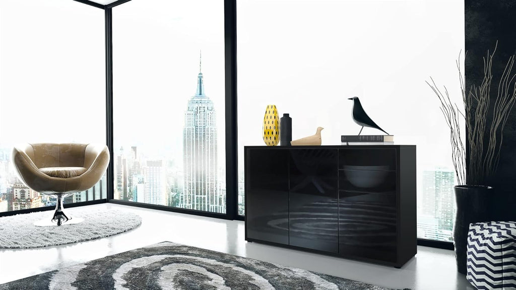 Vladon Buffet Ben V3, Commode avec 3 Portes et 2 tiroirs, Noir Mat/Noir Mat (117 x 74 x 36 cm)