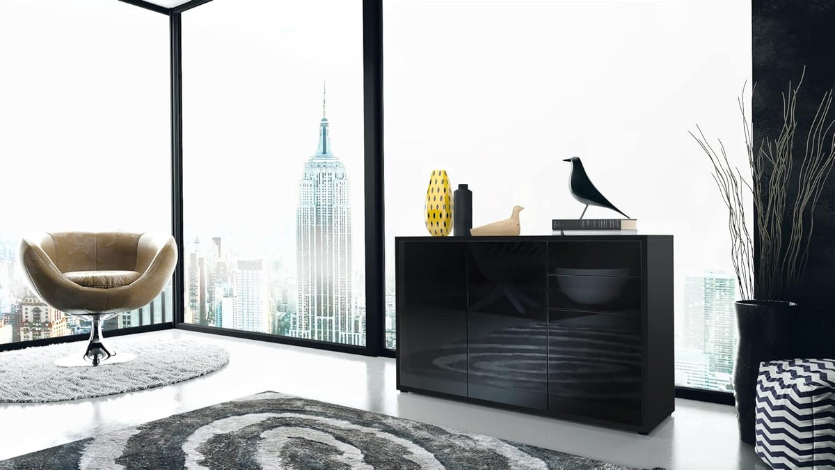 Vladon Buffet Ben V3, Commode avec 3 Portes et 2 tiroirs, Noir Mat/Noir Mat (117 x 74 x 36 cm)