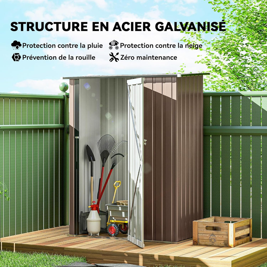 Outsunny Abri de Jardin 1 m² - abri à Outils - cabanon Porte verrouillable - dim. 142L x 84 x 189H cm - Acier galvanisé Marron