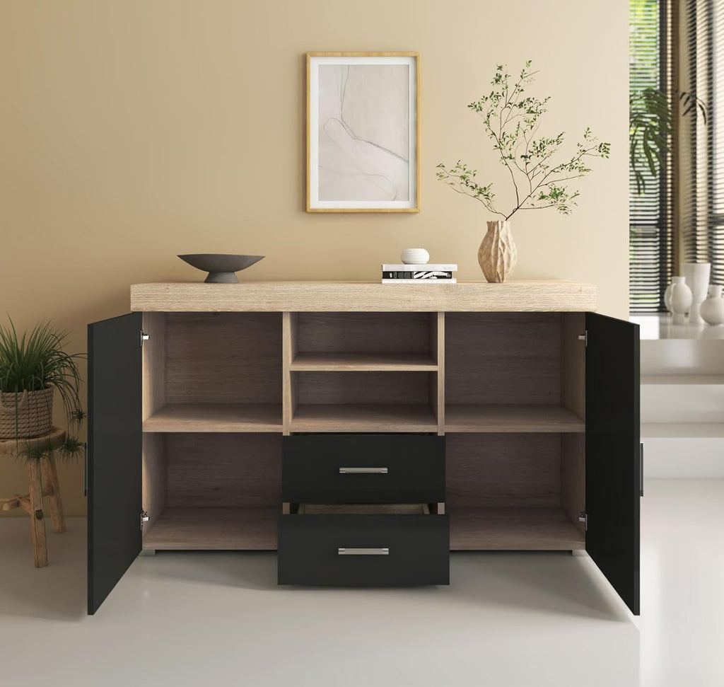 MB Muebles Bonitos, Buffet Roque pour Salon et Salle à Manger Moderne, Meuble TV en Mélamine, Couleur Sonoma Mat et Noir Brillant, 140x80x40 cm