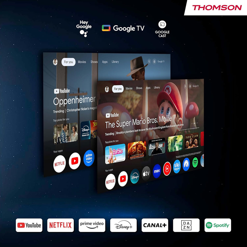 Thomson Sirius PG55B Projecteur Laser Intelligent Portable avec Google TV, Batterie Intégrée, Ultra Courte Focale, 600 Lumens ANSI, HDR10+, Dolby Audio, Mise au Point Automatique, WiFi, Bluetooth–Noir