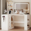 YOUDENOVA Table de maquillage avec grand miroir, coiffeuse d'angle en forme de L avec éclairage LED réglable et prises, luminosité réglable, armoire à 3 tiroirs, 7 compartiments ouverts, blanc