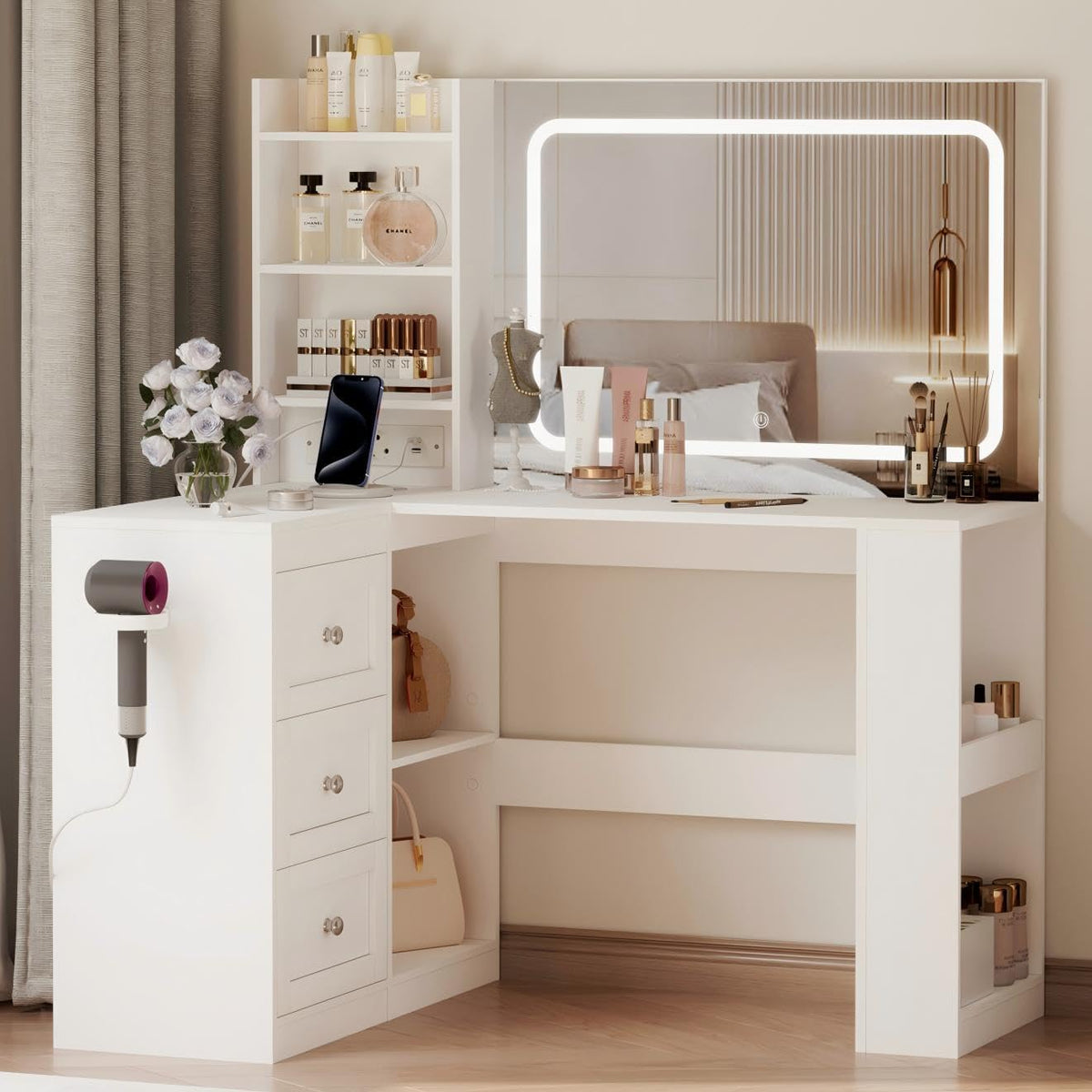 YOUDENOVA Table de maquillage avec grand miroir, coiffeuse d'angle en forme de L avec éclairage LED réglable et prises, luminosité réglable, armoire à 3 tiroirs, 7 compartiments ouverts, blanc