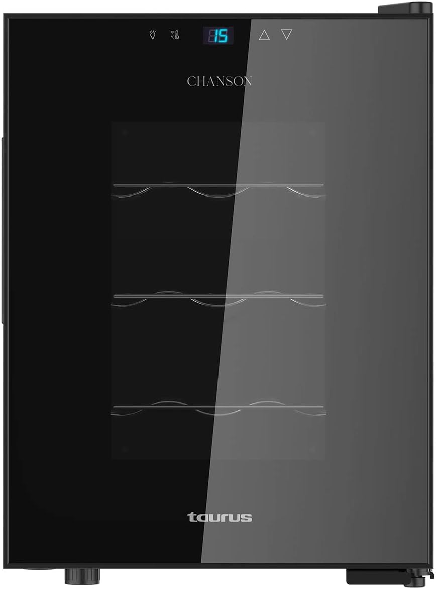 Taurus WC12T - Cave à vin thermoélectrique pour 12 bouteilles, silencieux, ne vibre pas, isolation spéciale de l'intérieur, porte vitrée, température réglable, écran tactile, lumière intérieure, noir