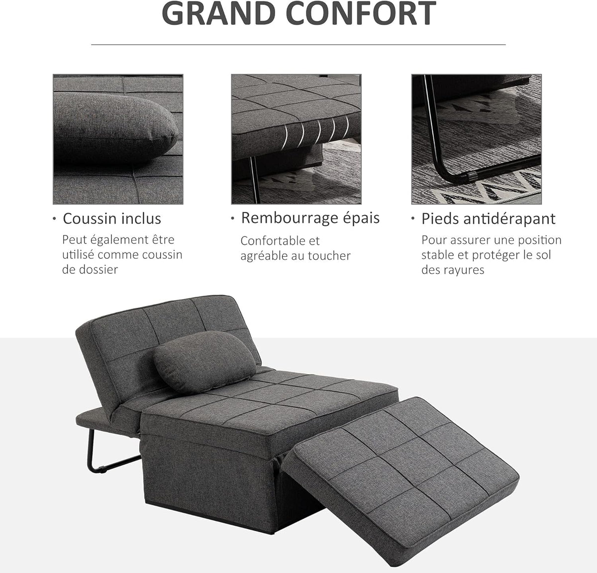 HOMCOM Chauffeuse 1 Place 4 en 1 Fauteuil lit Convertible Pouf Dossier inclinable 5 Niveaux Repose-Pied Rabattable, Charge 200 Kg, châssis métal et Tissu Lin Gris
