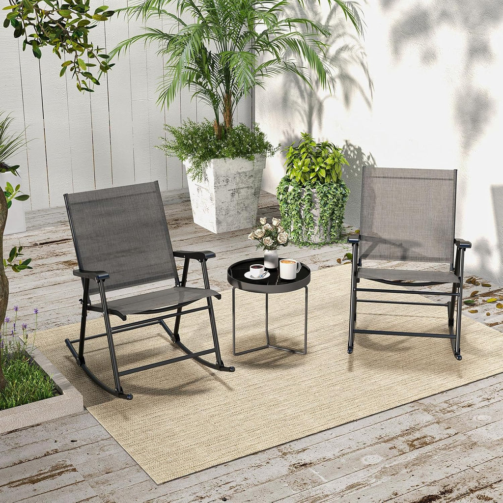 GOPLUS Lot de 2 Fauteuil Jardin Exterieur à Bascule Pliantes, 82 x 64 x 91 CM, Rocking Chair en Tissu Respirant, avec Dossier, Accoudoirs et Repose-Pieds, Charge 150KG, pour Camping, Terrasse, Jardin