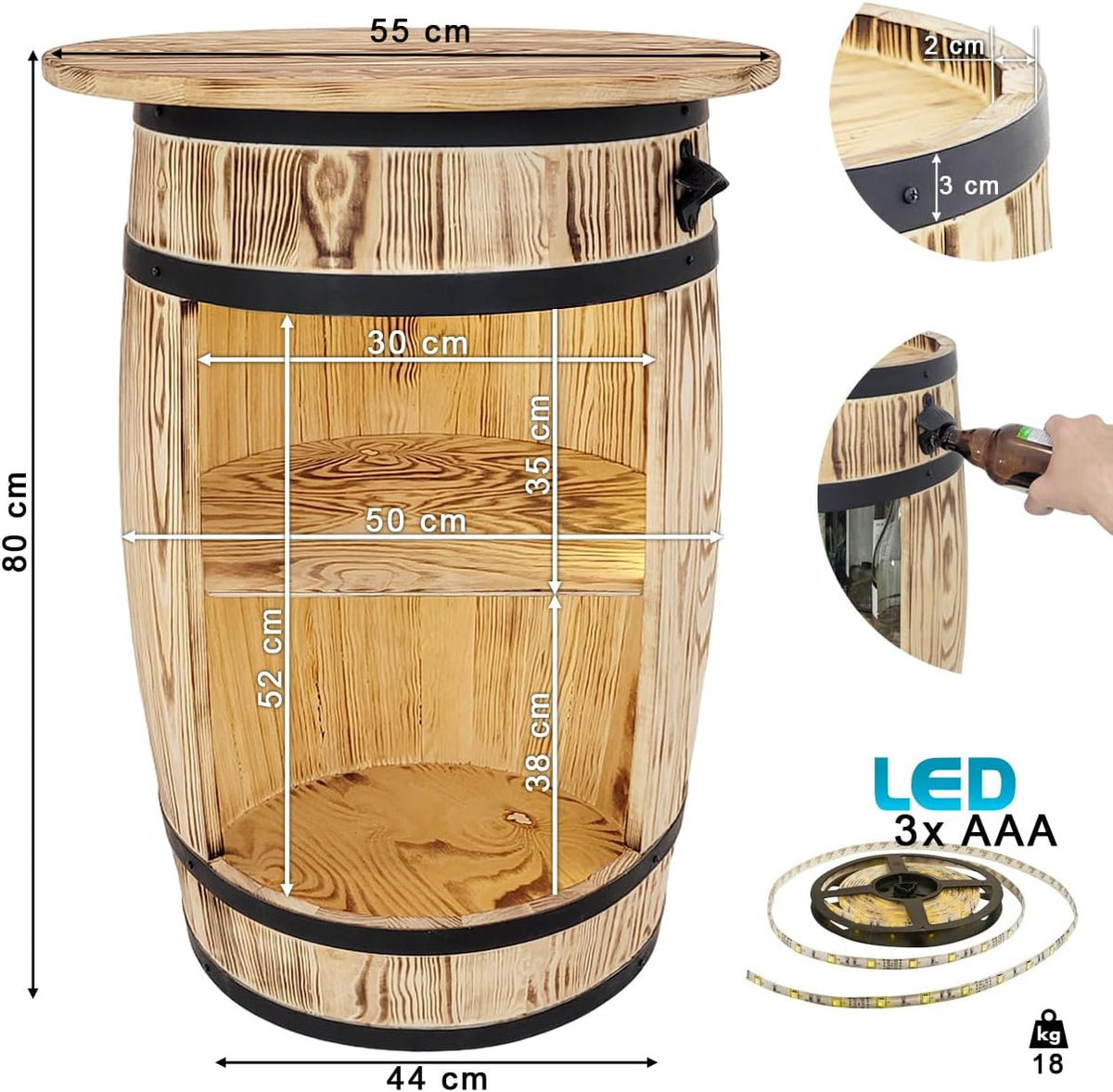 weeco Baril en Bois Massif avec Plateau et éclairage LED - Meuble Bar Rustique pour Bouteilles - Table décorative pour Salon pour Homme et Femme - 80x50 cm