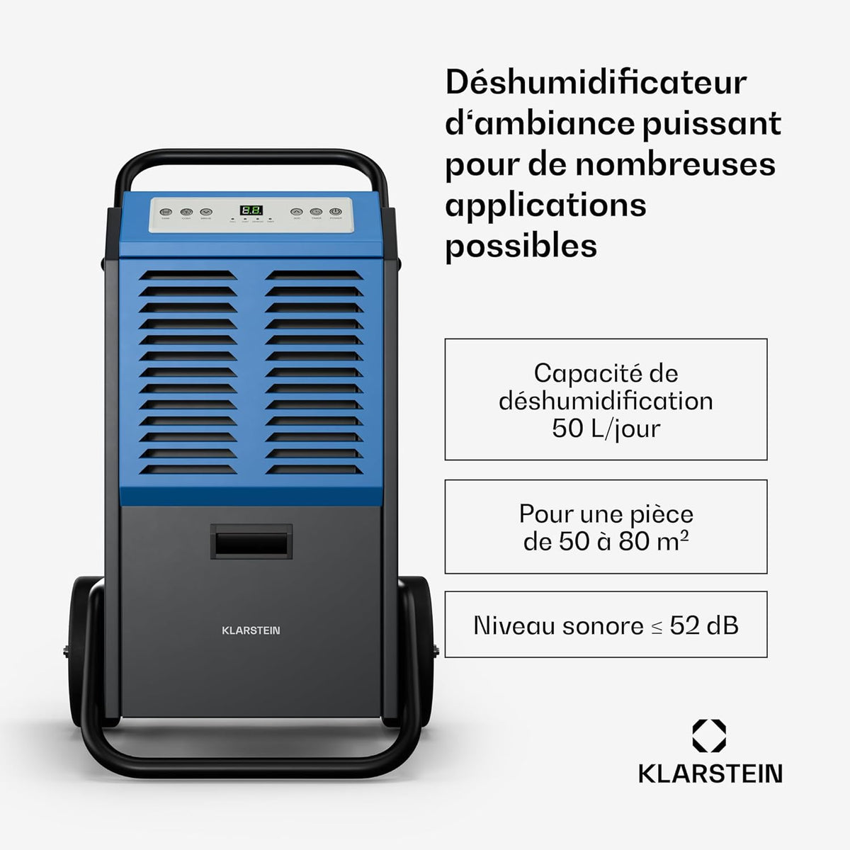 Klarstein DuraDry 50L déshumidificateur d'air, 52 dB, réservoir de 5,5L, minuterie 24h, dégivrage auto, filtre lavable, portable, déshumidificateur électrique pour grands espaces, sous-sols, entrepôts