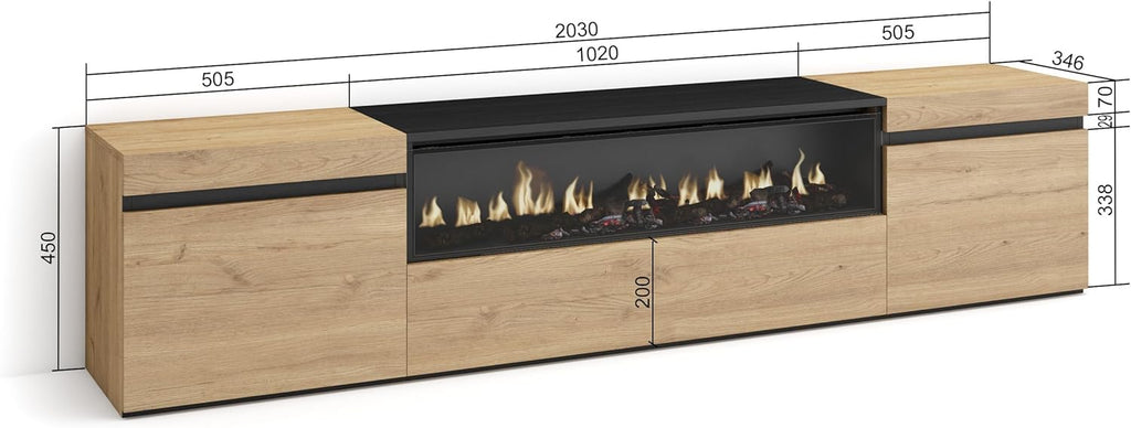 Skraut Home | Meuble TV | Banc Télé | Grand Espace de Rangement | 200x45x35cm | pour Les TV jusqu'à 80" | Cheminée électrique | Style Moderne | Chêne et Noir