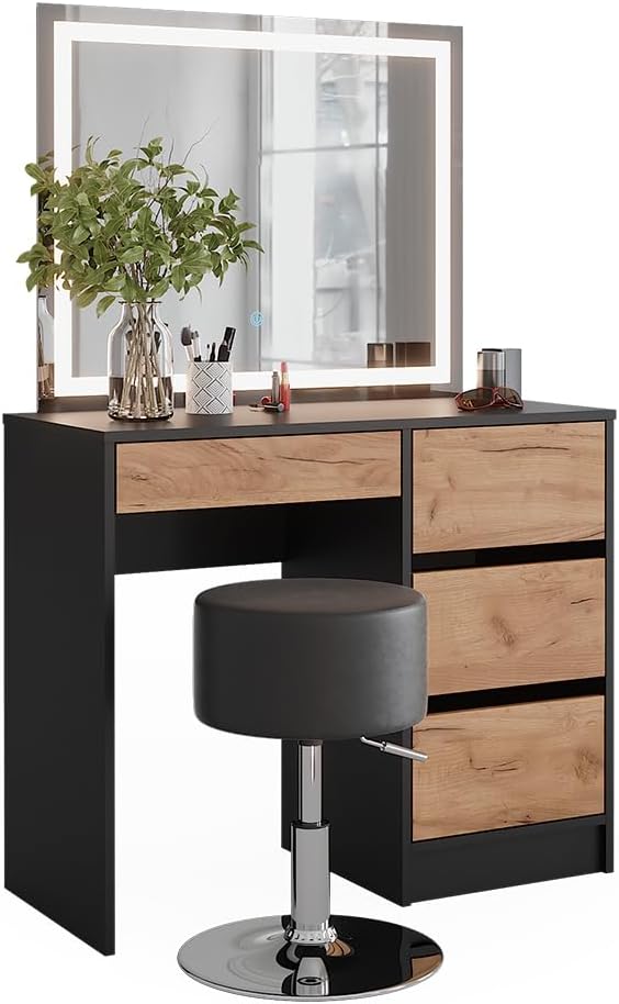 Vicco Coiffeuse Sherry, Anthracite, 90x75cm avec Miroir LED et Tabouret