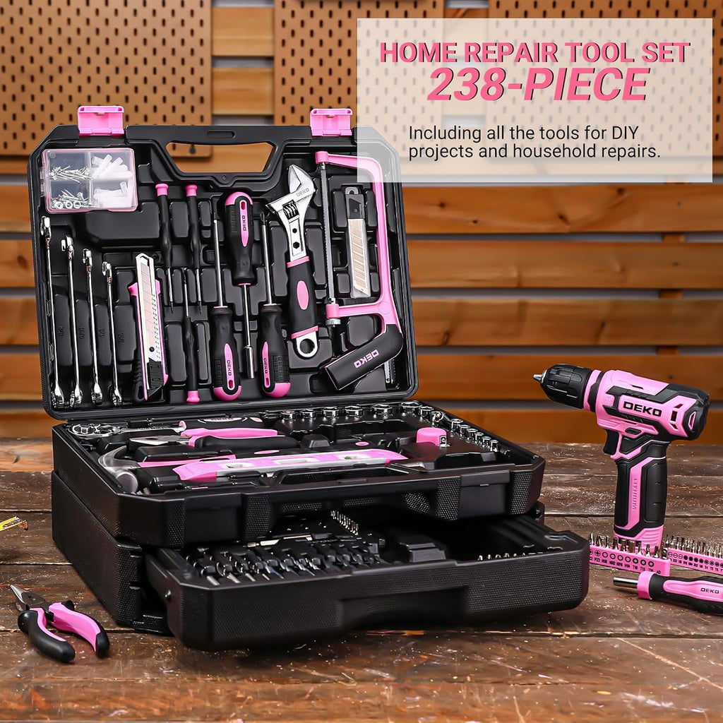 Ensemble d'outils roses 238 pièces avec perceuse