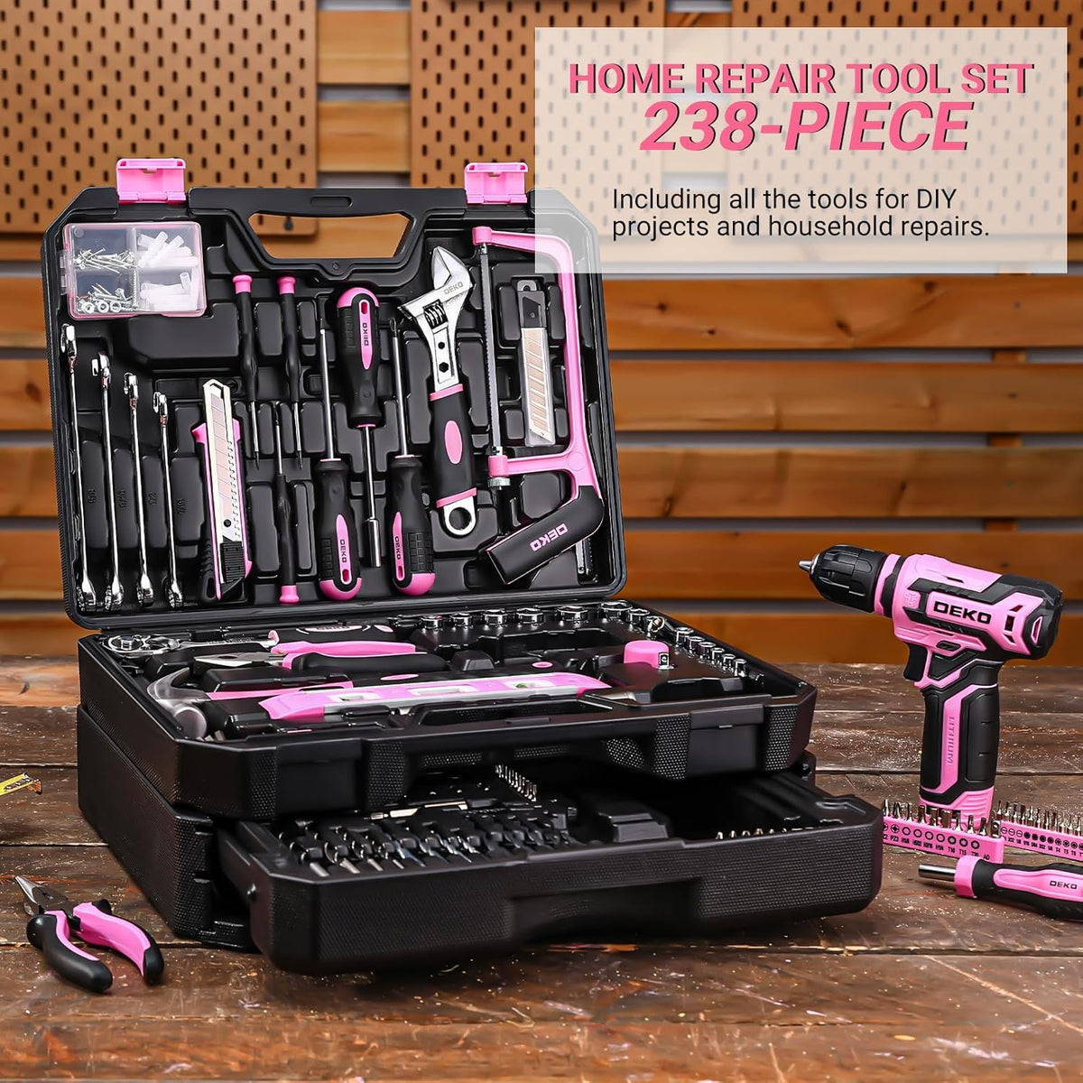 Ensemble d'outils roses 238 pièces avec perceuse